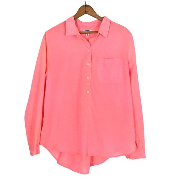 Old Navy Pink Neon Swiss Dot Popover Top Long Sleeve Semi Sheer Button Blouse L - Picture 3 of 16